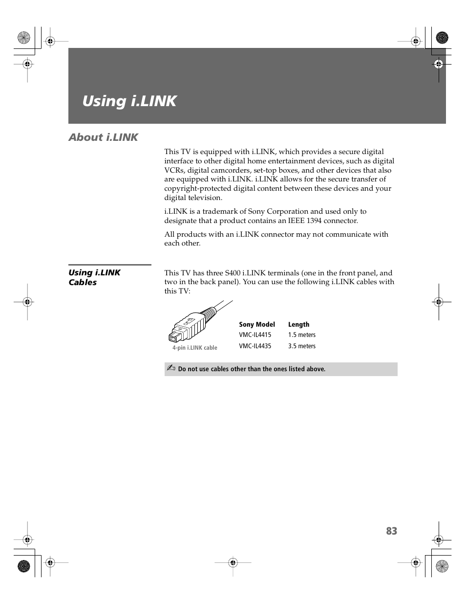 Using i.link, About i.link, Using i.link cables | Using i.link” on | Sony KDP-51WS550 User Manual | Page 84 / 122