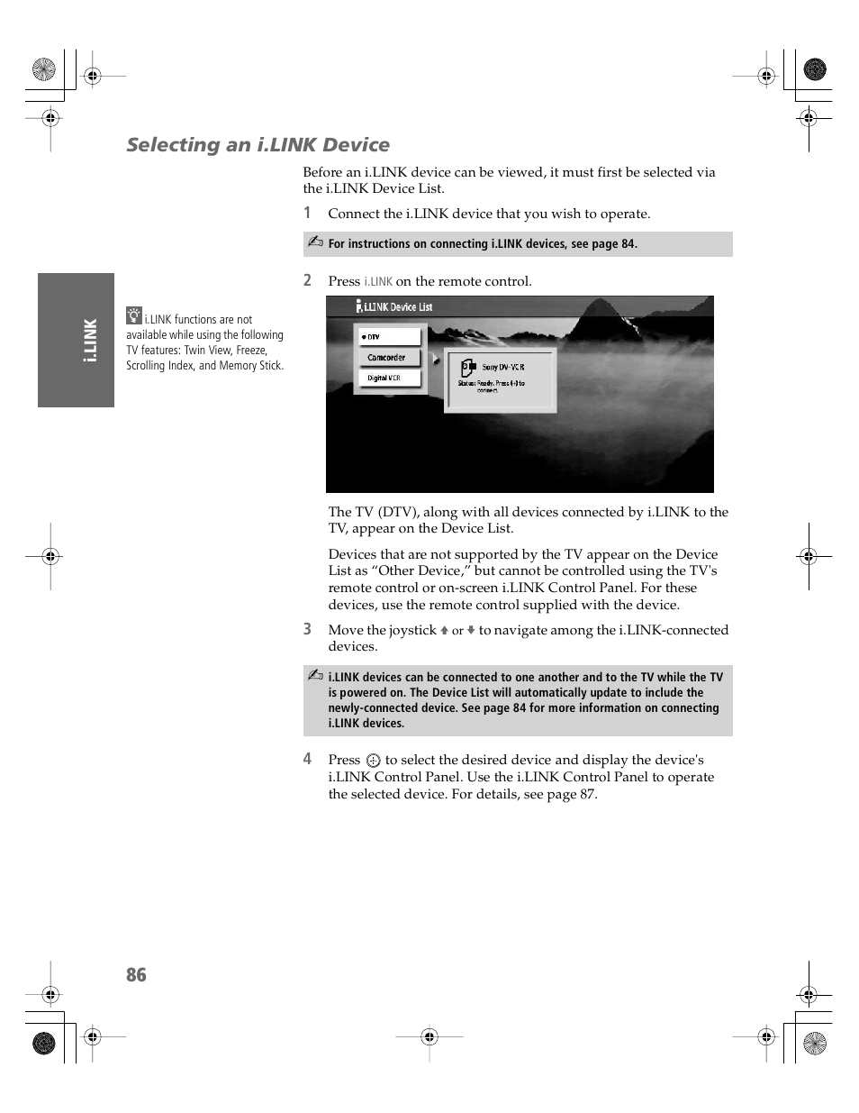 Selecting an i.link device | Sony KDP-51WS550 User Manual | Page 87 / 122