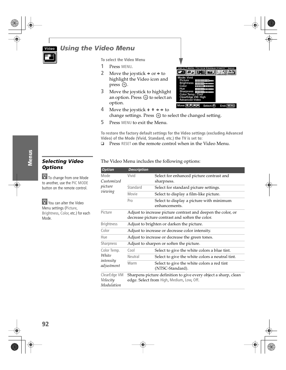 Using the video menu, Selecting video options | Sony KDP-51WS550 User Manual | Page 93 / 122