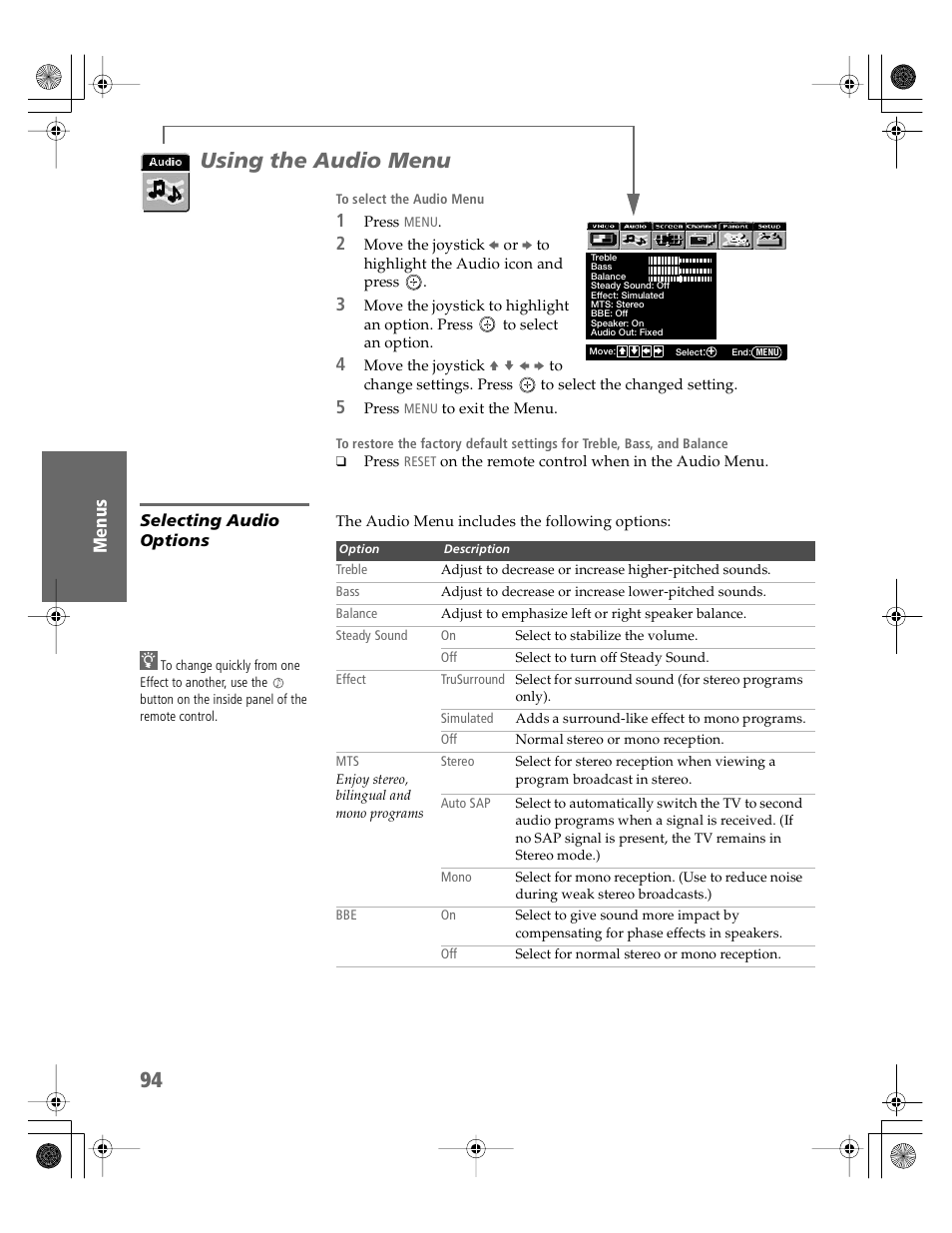 Using the audio menu, Selecting audio options | Sony KDP-51WS550 User Manual | Page 95 / 122