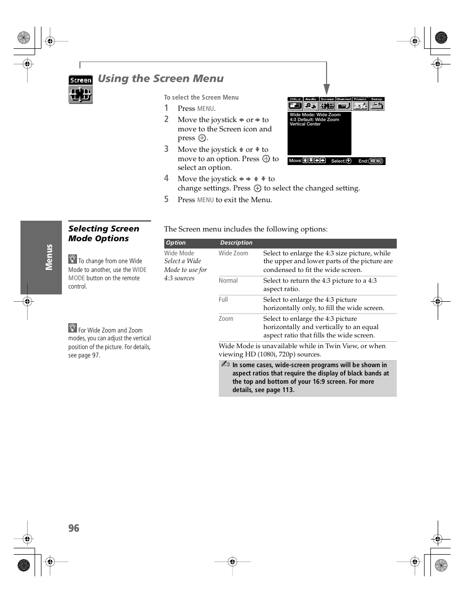 Using the screen menu, Selecting screen mode options | Sony KDP-51WS550 User Manual | Page 97 / 122