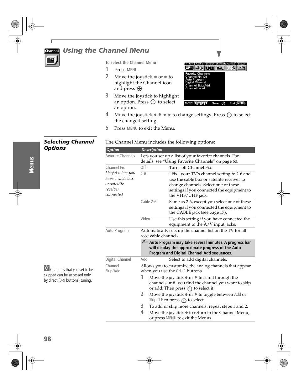 Using the channel menu, Selecting channel options | Sony KDP-51WS550 User Manual | Page 99 / 122