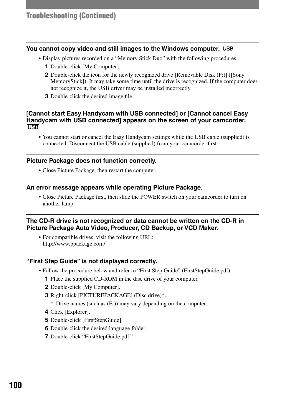 Troubleshooting (continued) | Sony HANDYCAM DCR-PC1000 User Manual | Page 100 / 123