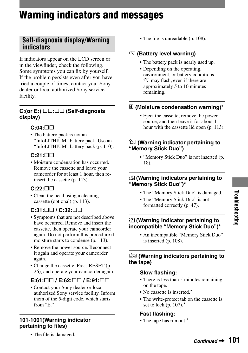 Warning indicators and messages, Self-diagnosis display/warning indicators | Sony HANDYCAM DCR-PC1000 User Manual | Page 101 / 123