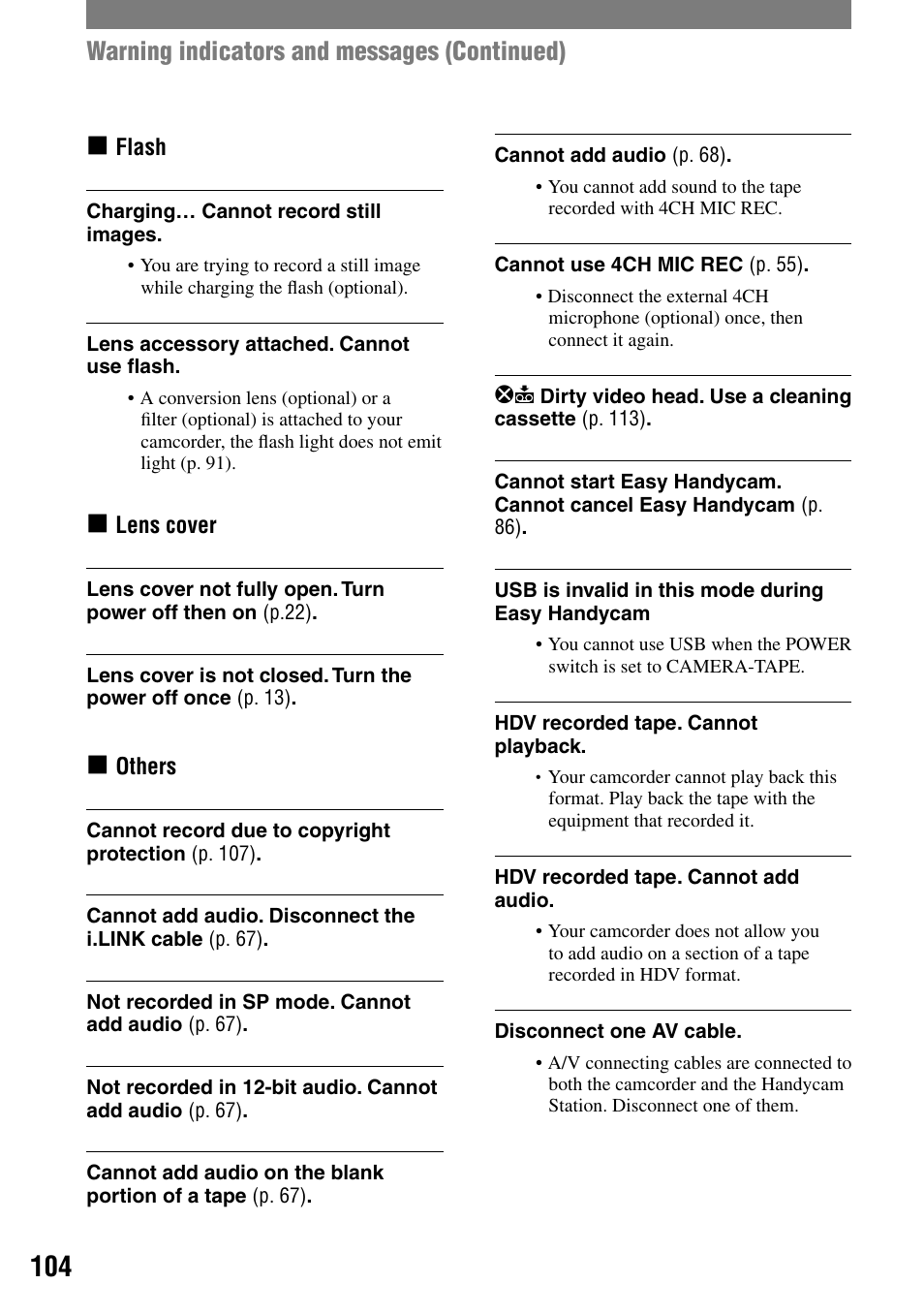 Warning indicators and messages (continued) | Sony HANDYCAM DCR-PC1000 User Manual | Page 104 / 123