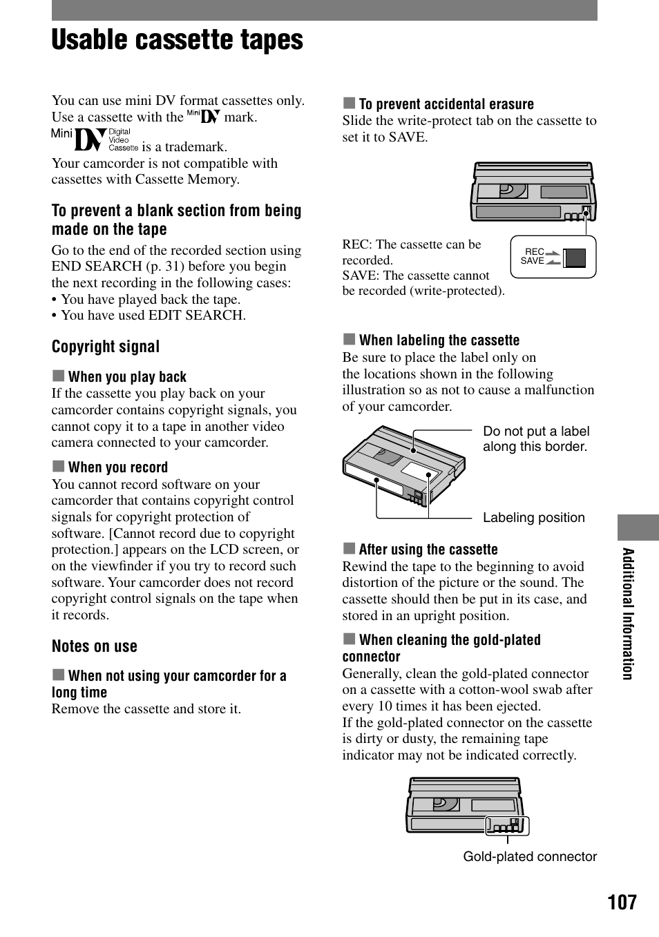 Usable cassette tapes | Sony HANDYCAM DCR-PC1000 User Manual | Page 107 / 123