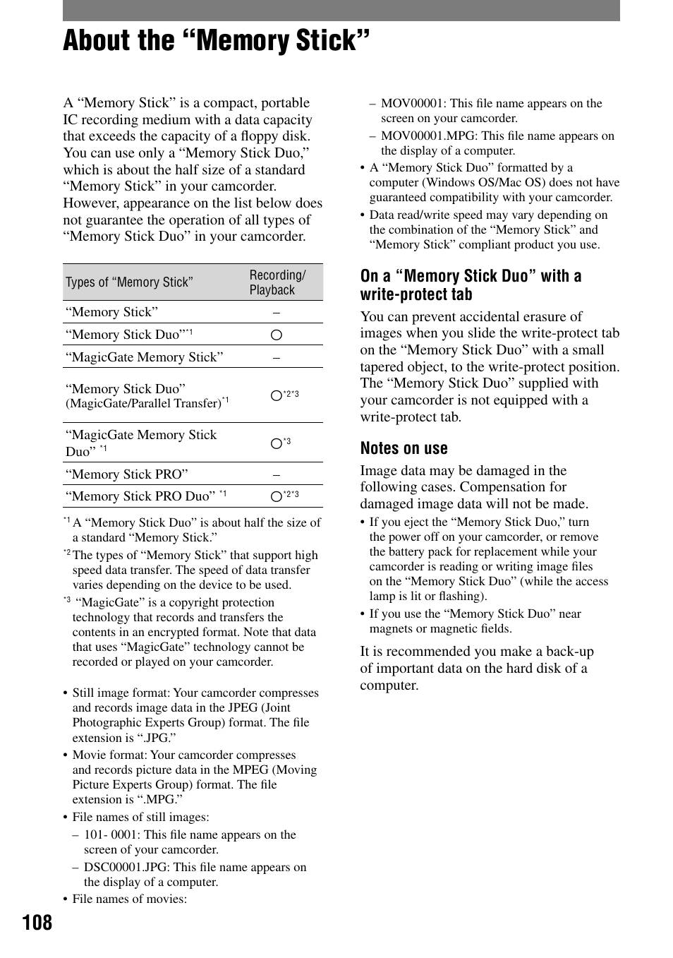 About the “memory stick | Sony HANDYCAM DCR-PC1000 User Manual | Page 108 / 123