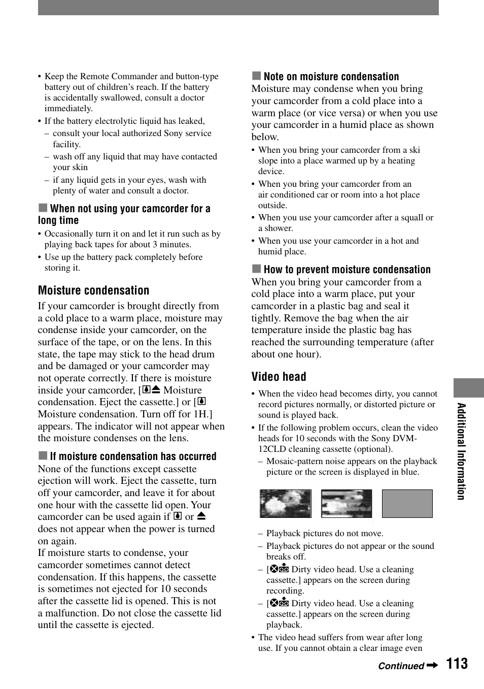 Moisture condensation, Video head | Sony HANDYCAM DCR-PC1000 User Manual | Page 113 / 123