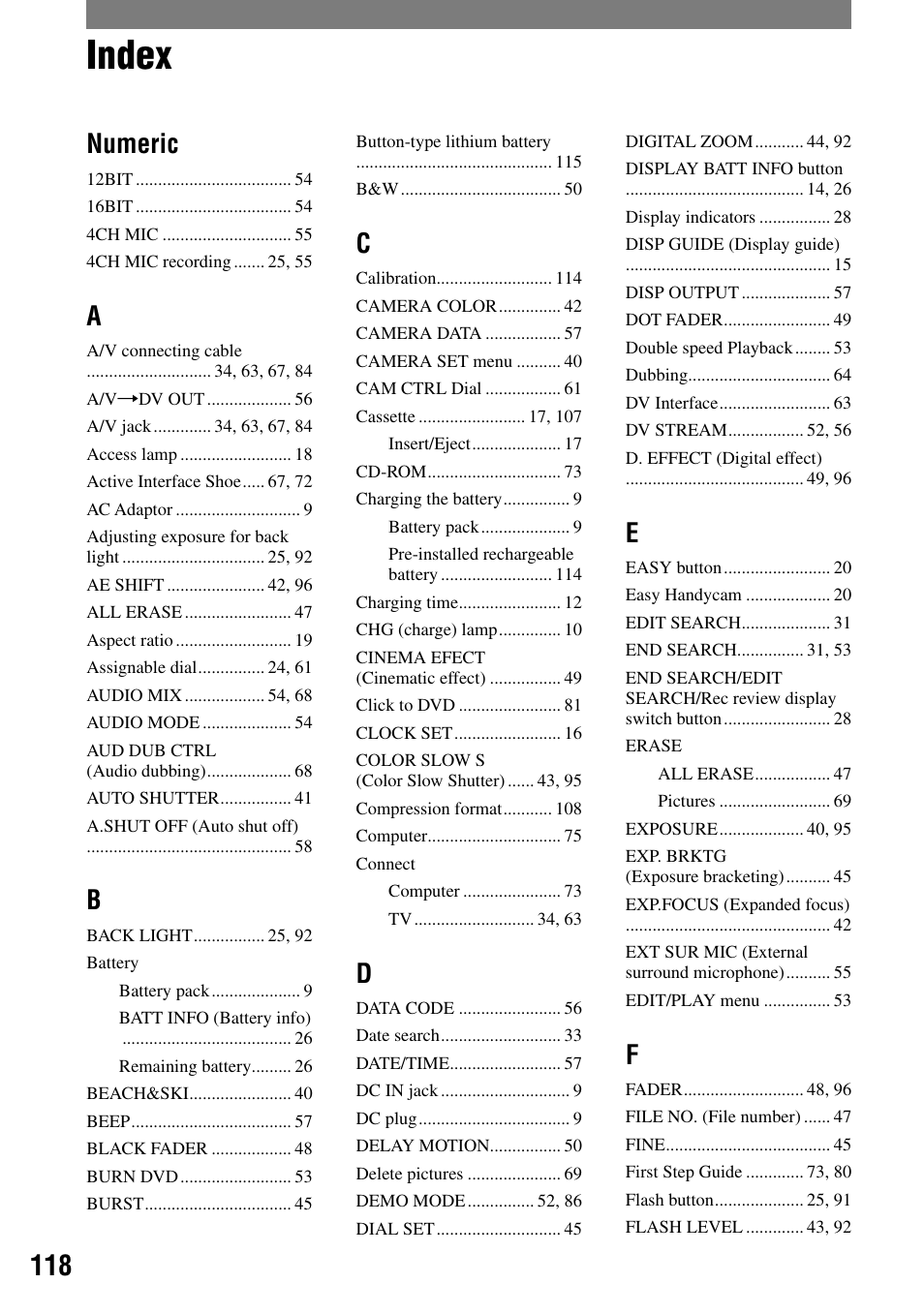 Index, Numeric | Sony HANDYCAM DCR-PC1000 User Manual | Page 118 / 123