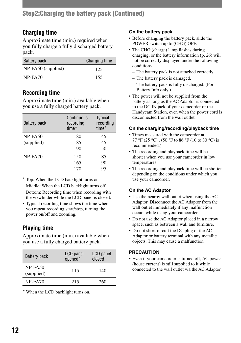 Step2:charging the battery pack (continued), Charging time, Recording time | Playing time | Sony HANDYCAM DCR-PC1000 User Manual | Page 12 / 123