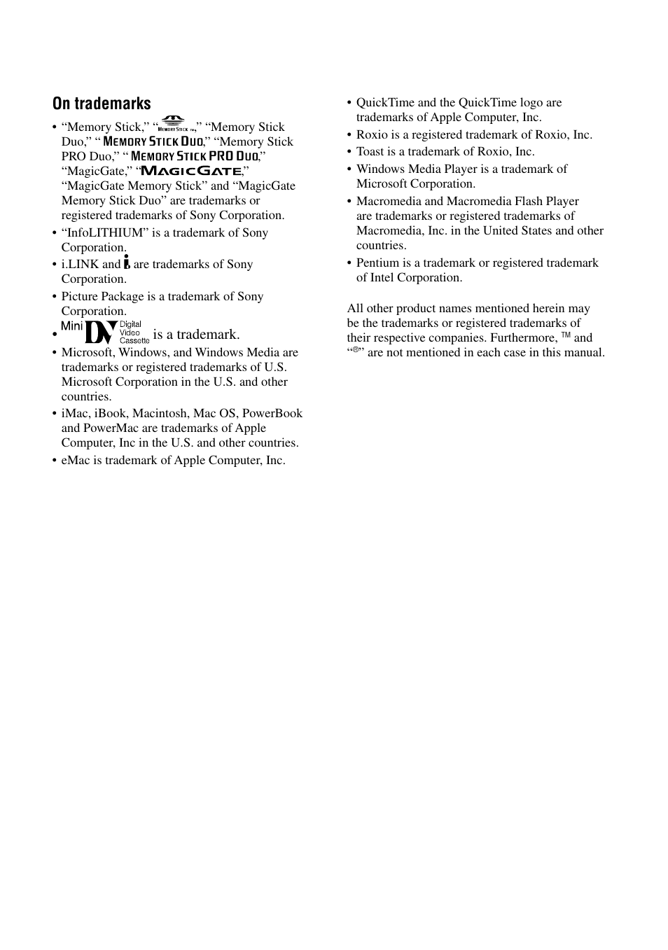 On trademarks | Sony HANDYCAM DCR-PC1000 User Manual | Page 123 / 123