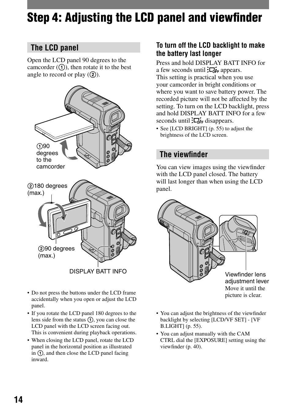 Step 4: adjusting the lcd panel and viewfinder, Step 4: adjusting the lcd panel and viewﬁnder, The lcd panel | The viewﬁnder | Sony HANDYCAM DCR-PC1000 User Manual | Page 14 / 123