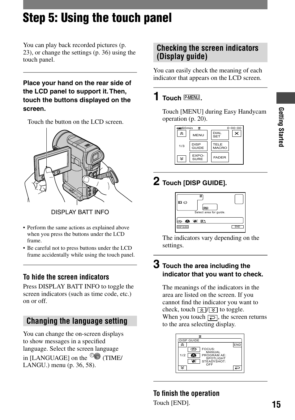 Step 5: using the touch panel, Changing the language setting, Checking the screen indicators (display guide) | Sony HANDYCAM DCR-PC1000 User Manual | Page 15 / 123