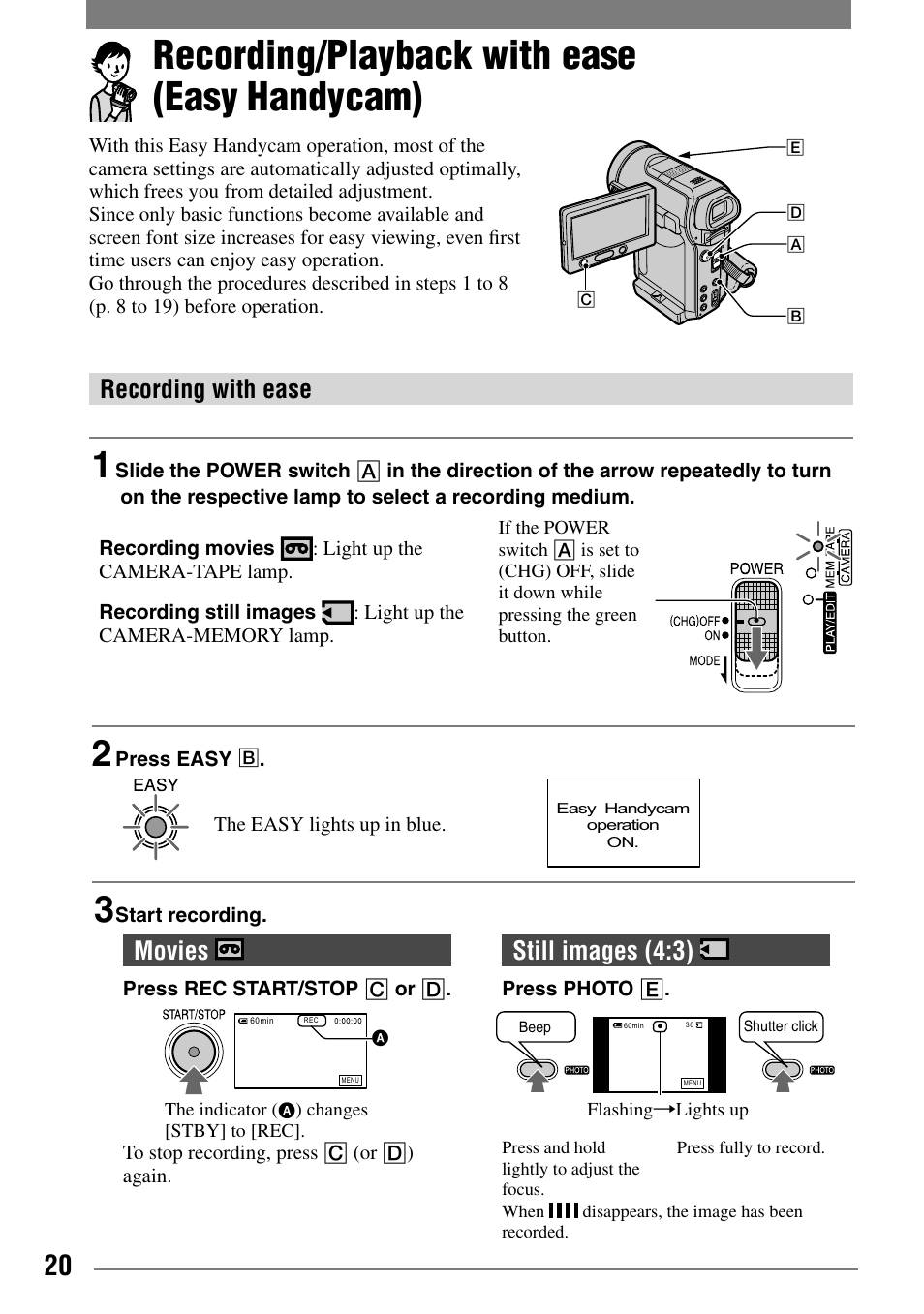 Recording/playback, Recording/playback with ease (easy handycam), Recording | Playback, Recording with ease, Movies, Still images (4:3) | Sony HANDYCAM DCR-PC1000 User Manual | Page 20 / 123