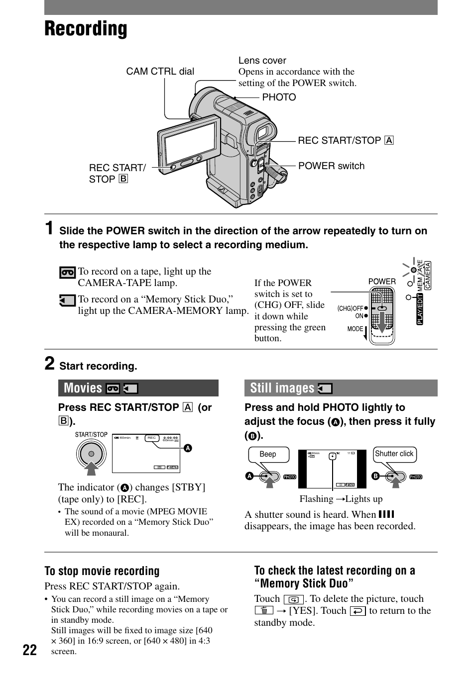 Recording, Movies, Still images | Sony HANDYCAM DCR-PC1000 User Manual | Page 22 / 123