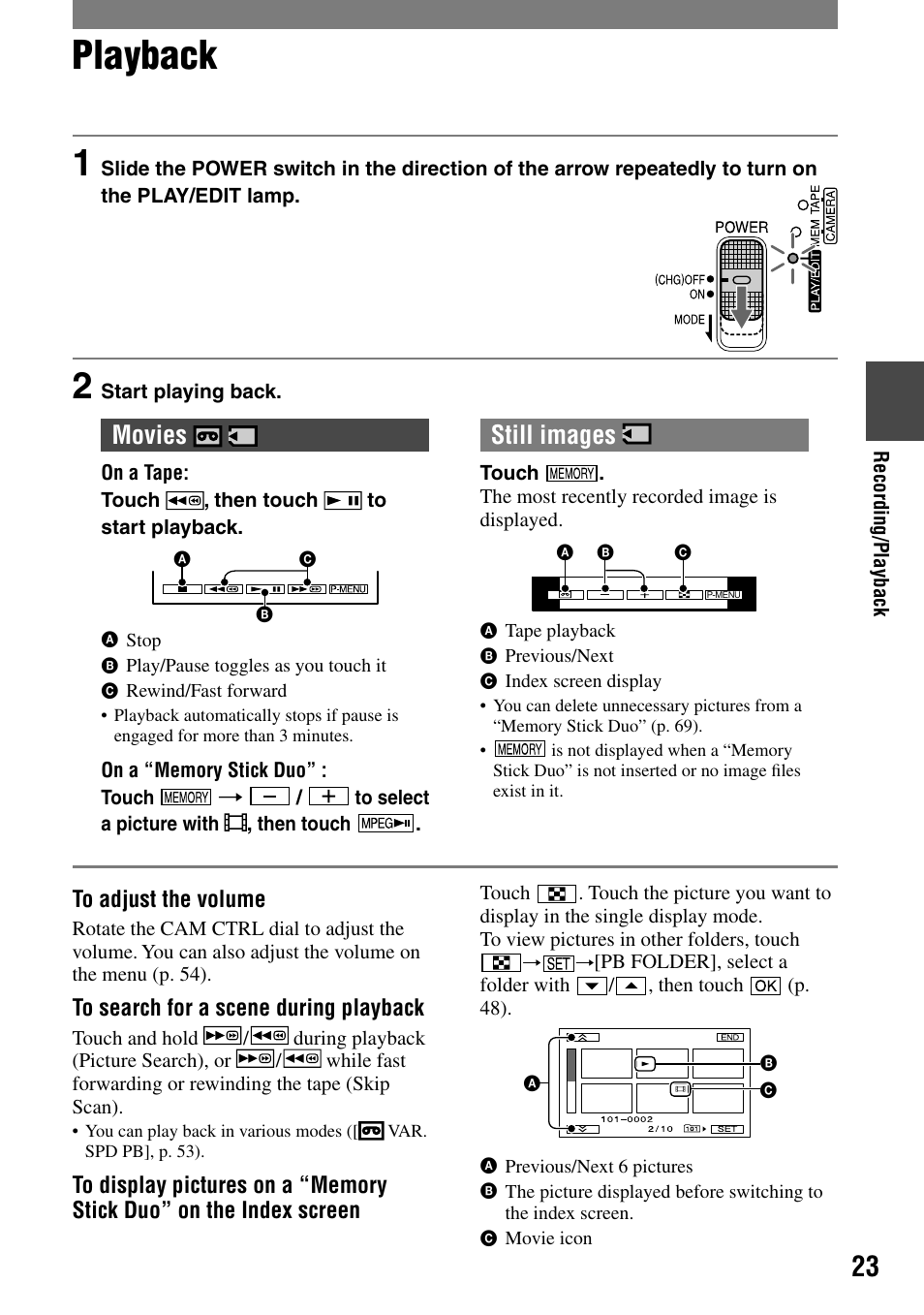 Playback, Movies, Still images | Sony HANDYCAM DCR-PC1000 User Manual | Page 23 / 123