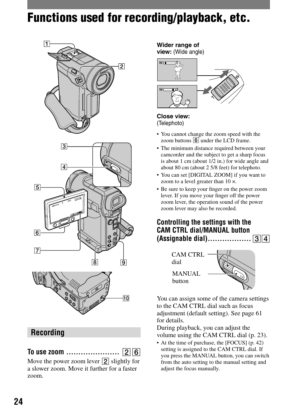 Functions used for recording/playback, etc, Recording, To use zoom | Controlling the settings with the cam ctrl dial, Manual button (assignable dial) | Sony HANDYCAM DCR-PC1000 User Manual | Page 24 / 123