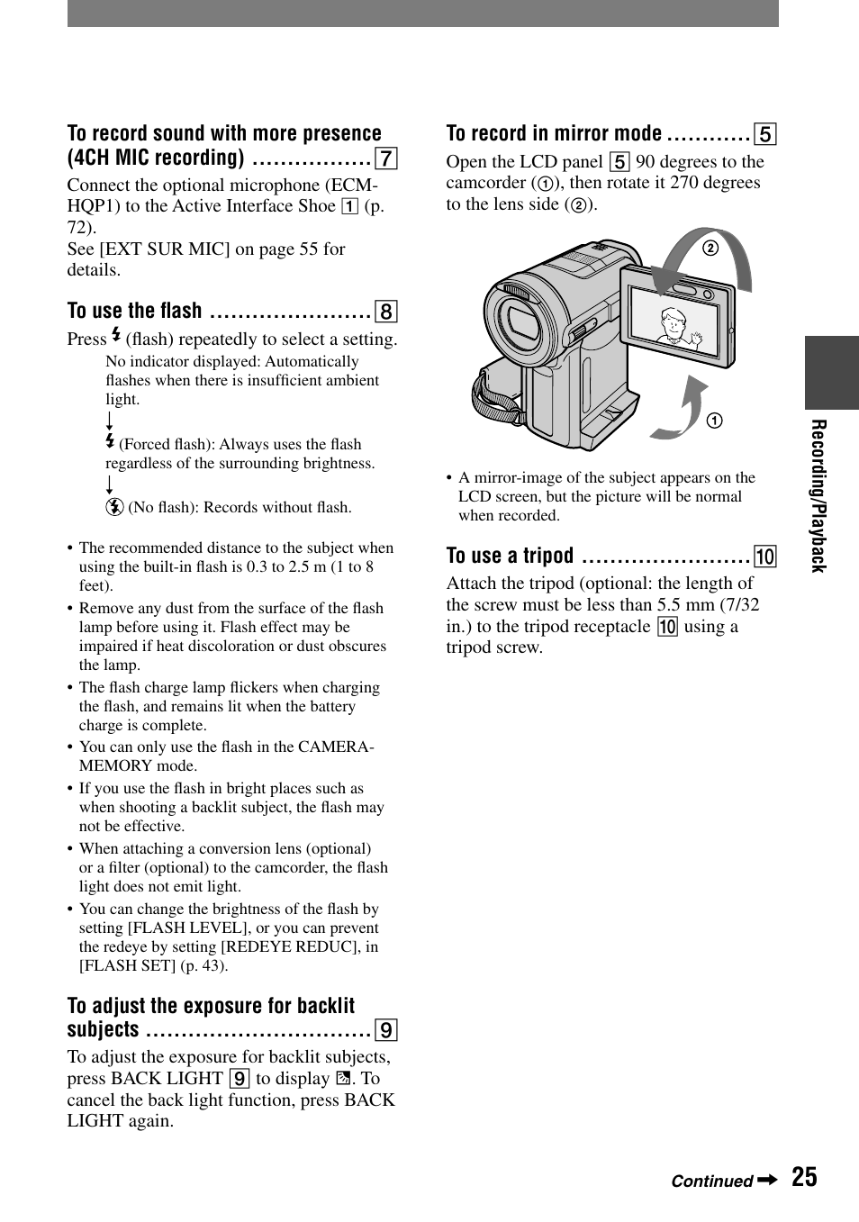 To use the flash, To adjust the exposure for backlit subjects, To record in mirror mode | To use a tripod, To use the ﬂash | Sony HANDYCAM DCR-PC1000 User Manual | Page 25 / 123