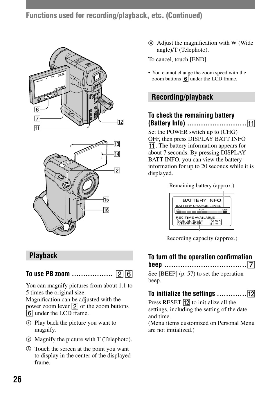 Playback, To use pb zoom, Recording/playback | To check the remaining battery (battery info), To turn off the operation confirmation beep, To initialize the settings, To turn off the operation conﬁrmation beep | Sony HANDYCAM DCR-PC1000 User Manual | Page 26 / 123