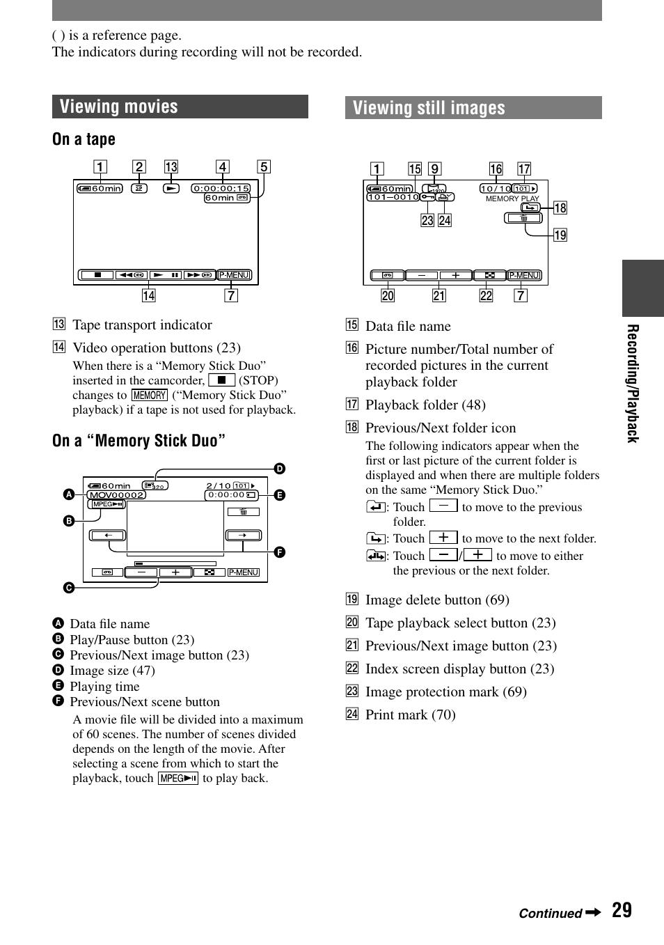 Viewing movies, Viewing still images, On a tape | Sony HANDYCAM DCR-PC1000 User Manual | Page 29 / 123