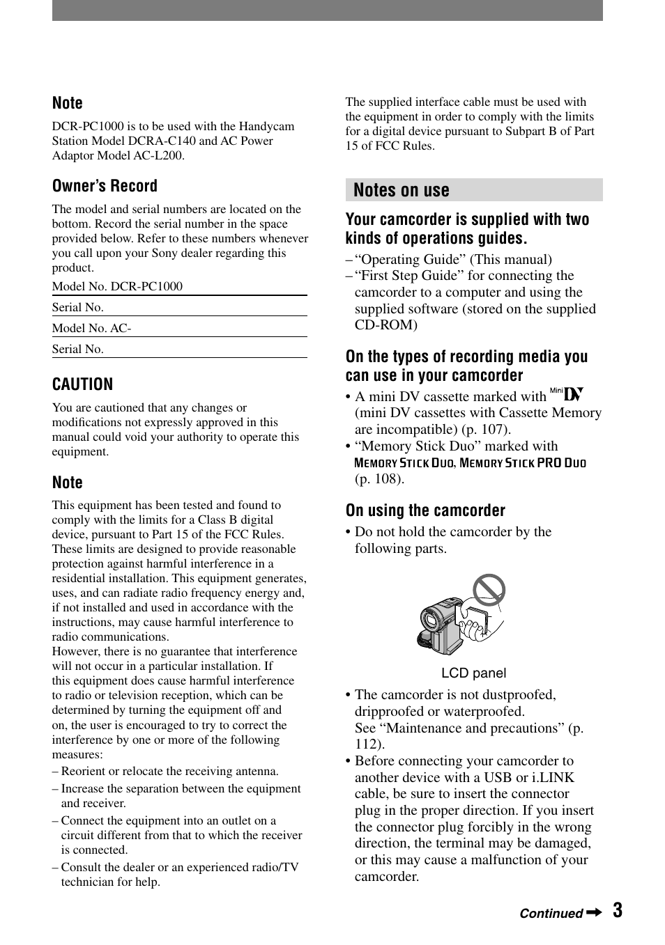 Sony HANDYCAM DCR-PC1000 User Manual | Page 3 / 123