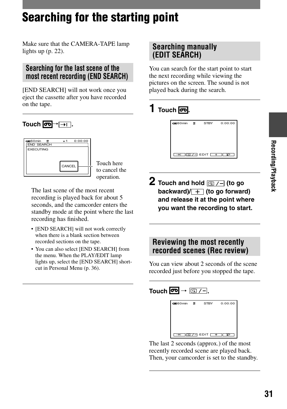 Searching for the starting point, Searching manually (edit search) | Sony HANDYCAM DCR-PC1000 User Manual | Page 31 / 123