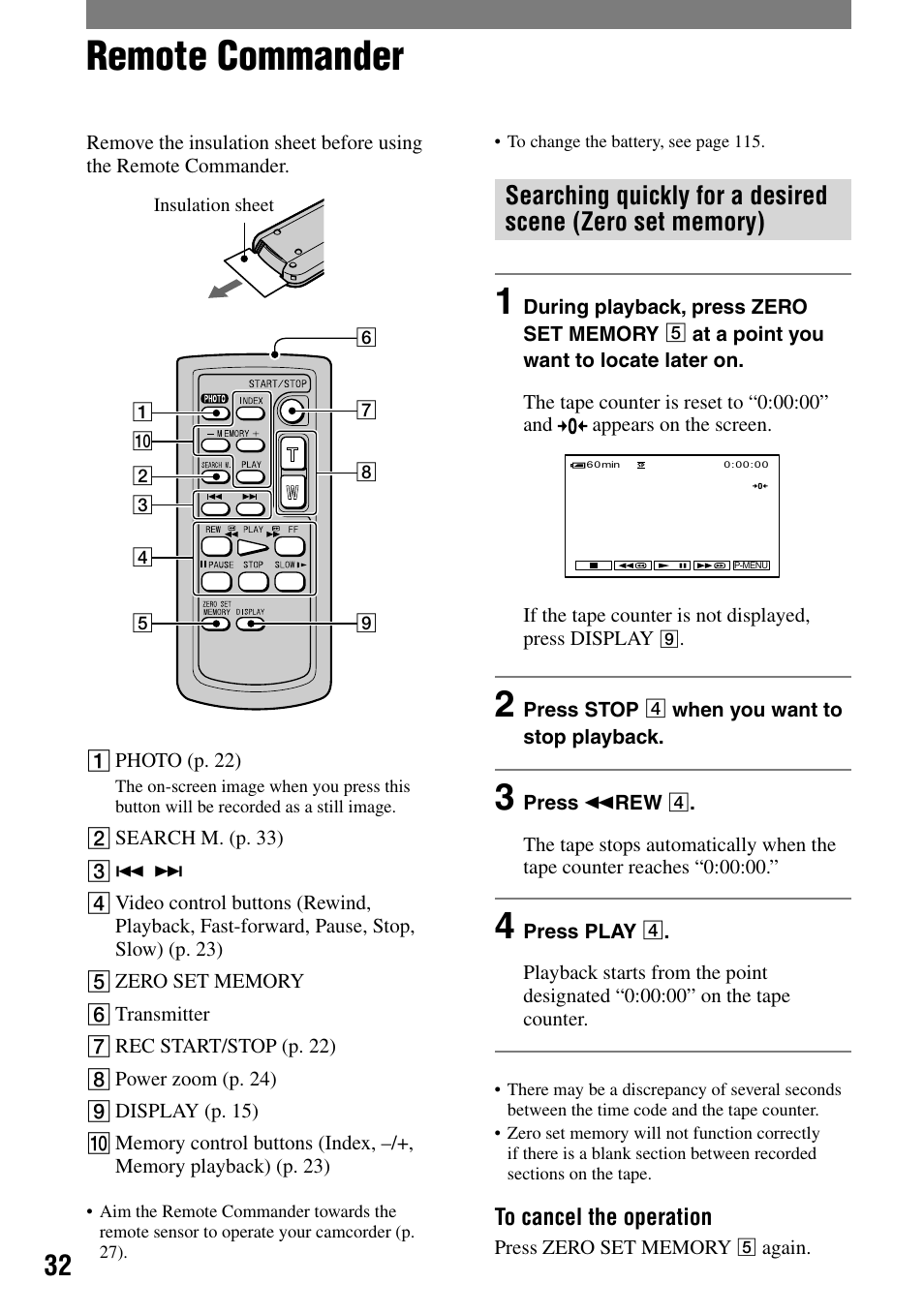 Remote commander | Sony HANDYCAM DCR-PC1000 User Manual | Page 32 / 123