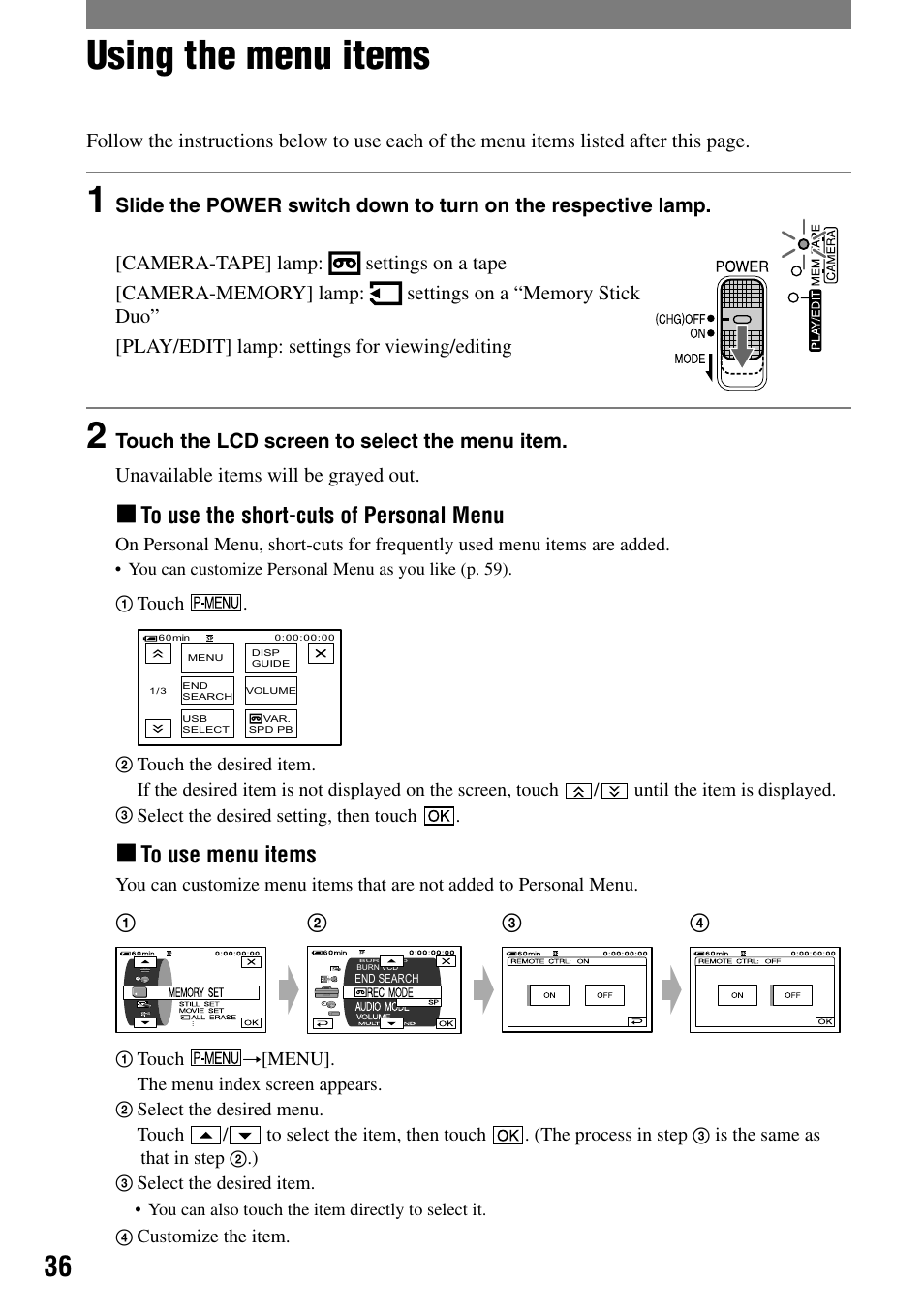 Using the menu, Using the menu items | Sony HANDYCAM DCR-PC1000 User Manual | Page 36 / 123