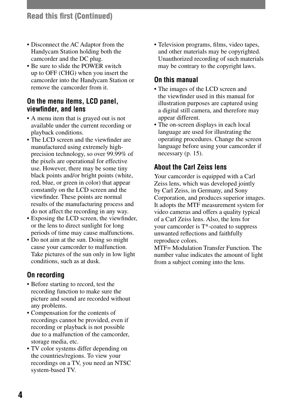 Read this ﬁrst (continued) | Sony HANDYCAM DCR-PC1000 User Manual | Page 4 / 123