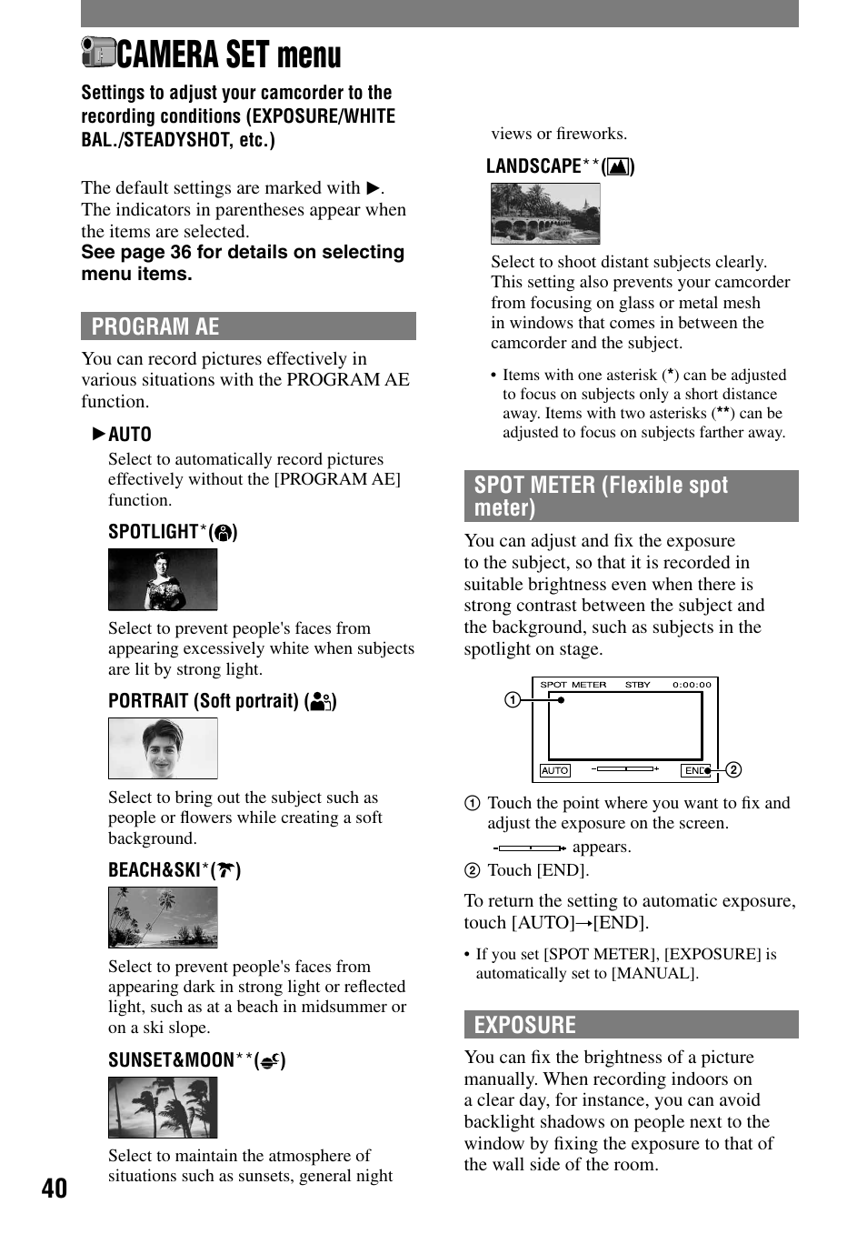 Camera set menu, White bal./steadyshot, etc.), Program ae | Spot meter (flexible spot meter), Exposure | Sony HANDYCAM DCR-PC1000 User Manual | Page 40 / 123