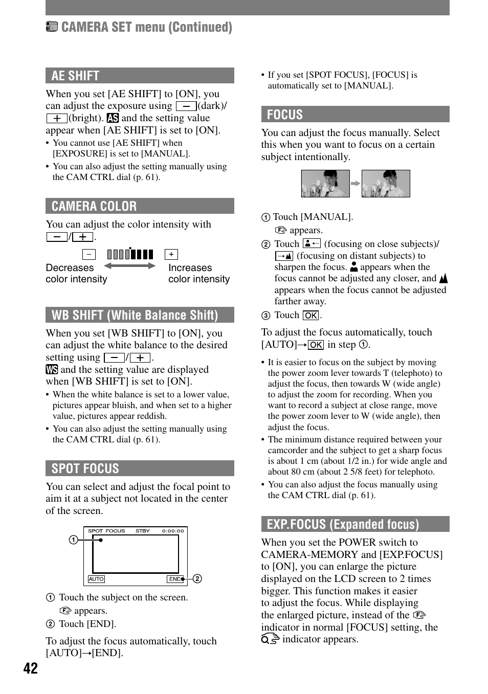 Camera set menu (continued), Ae shift, Camera color | Wb shift (white balance shift), Spot focus, Focus, Exp.focus (expanded focus) | Sony HANDYCAM DCR-PC1000 User Manual | Page 42 / 123