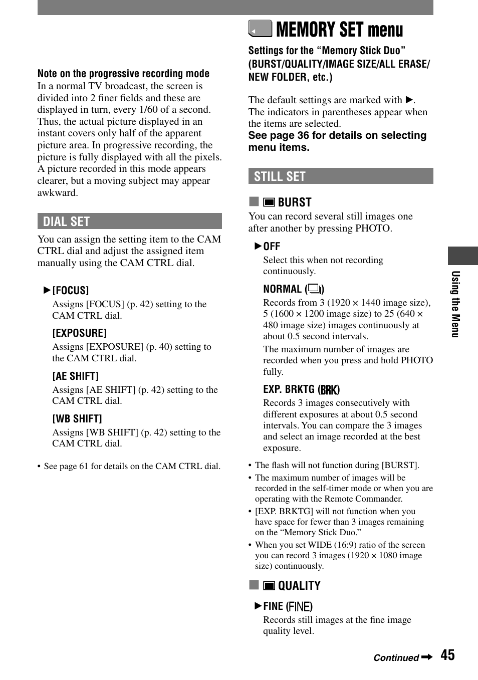 Memory set menu, Erase/new folder, etc.) | Sony HANDYCAM DCR-PC1000 User Manual | Page 45 / 123