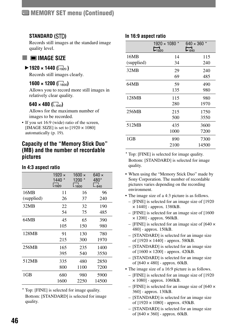 Image size | Sony HANDYCAM DCR-PC1000 User Manual | Page 46 / 123