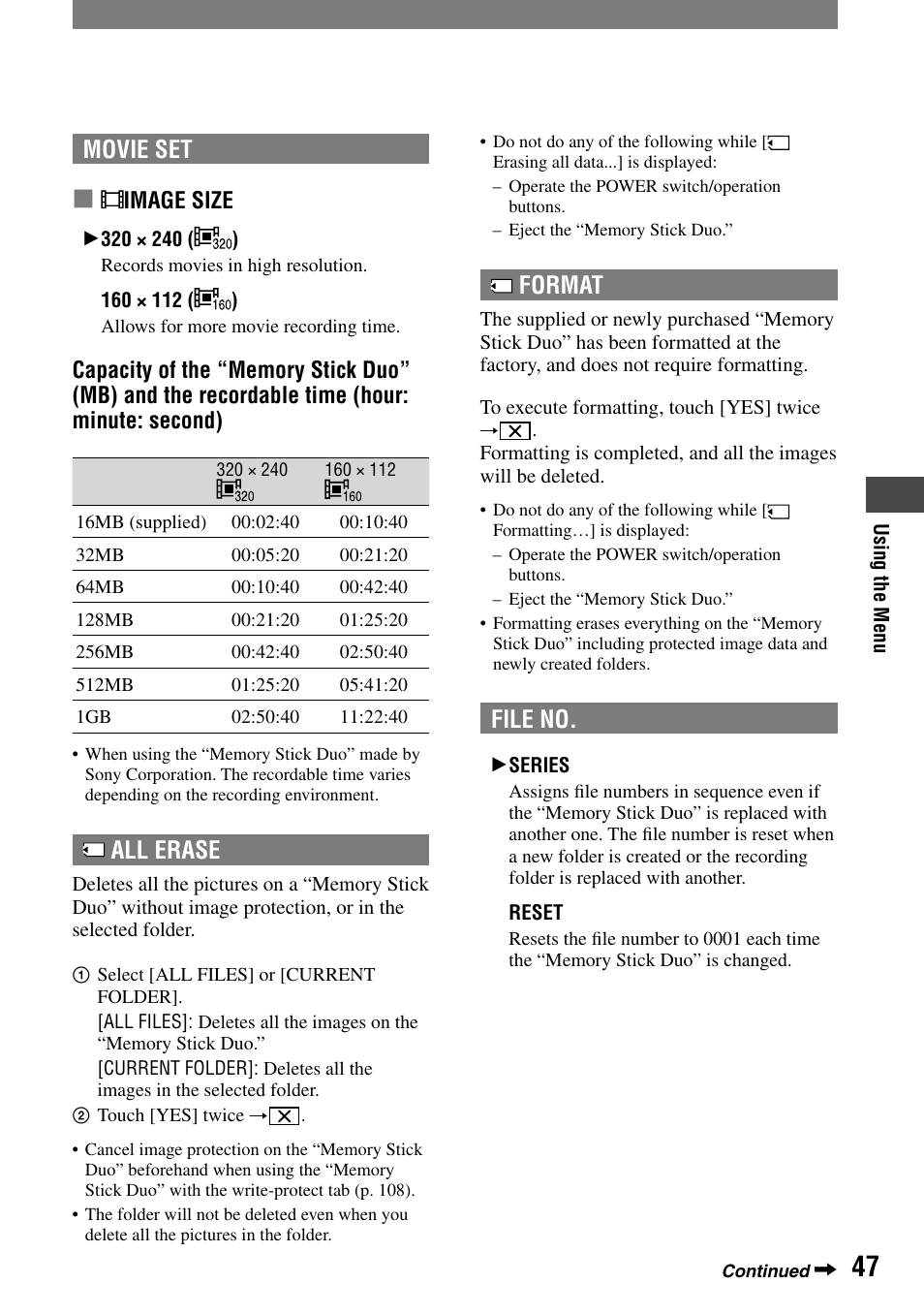 Movie set, All erase, Format | File no | Sony HANDYCAM DCR-PC1000 User Manual | Page 47 / 123