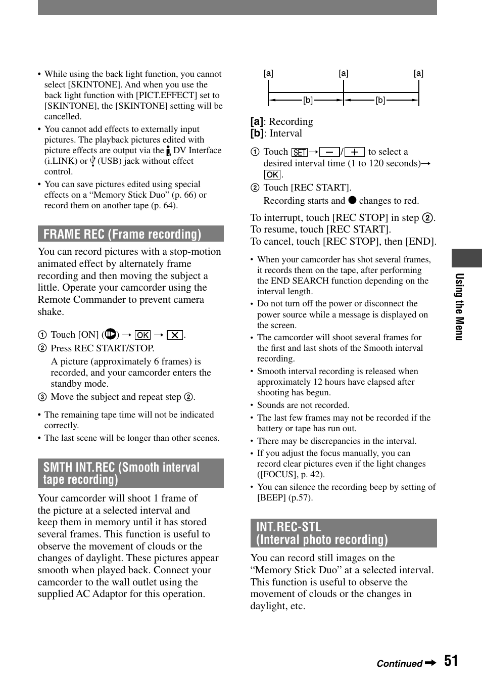 Frame rec (frame recording), Smth int.rec (smooth interval tape recording), Int.rec-stl (interval photo recording) | Sony HANDYCAM DCR-PC1000 User Manual | Page 51 / 123