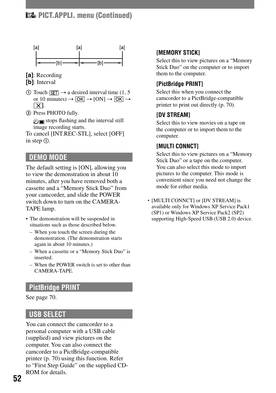 Pict.appli. menu (continued), Demo mode, Pictbridge print | Usb select | Sony HANDYCAM DCR-PC1000 User Manual | Page 52 / 123