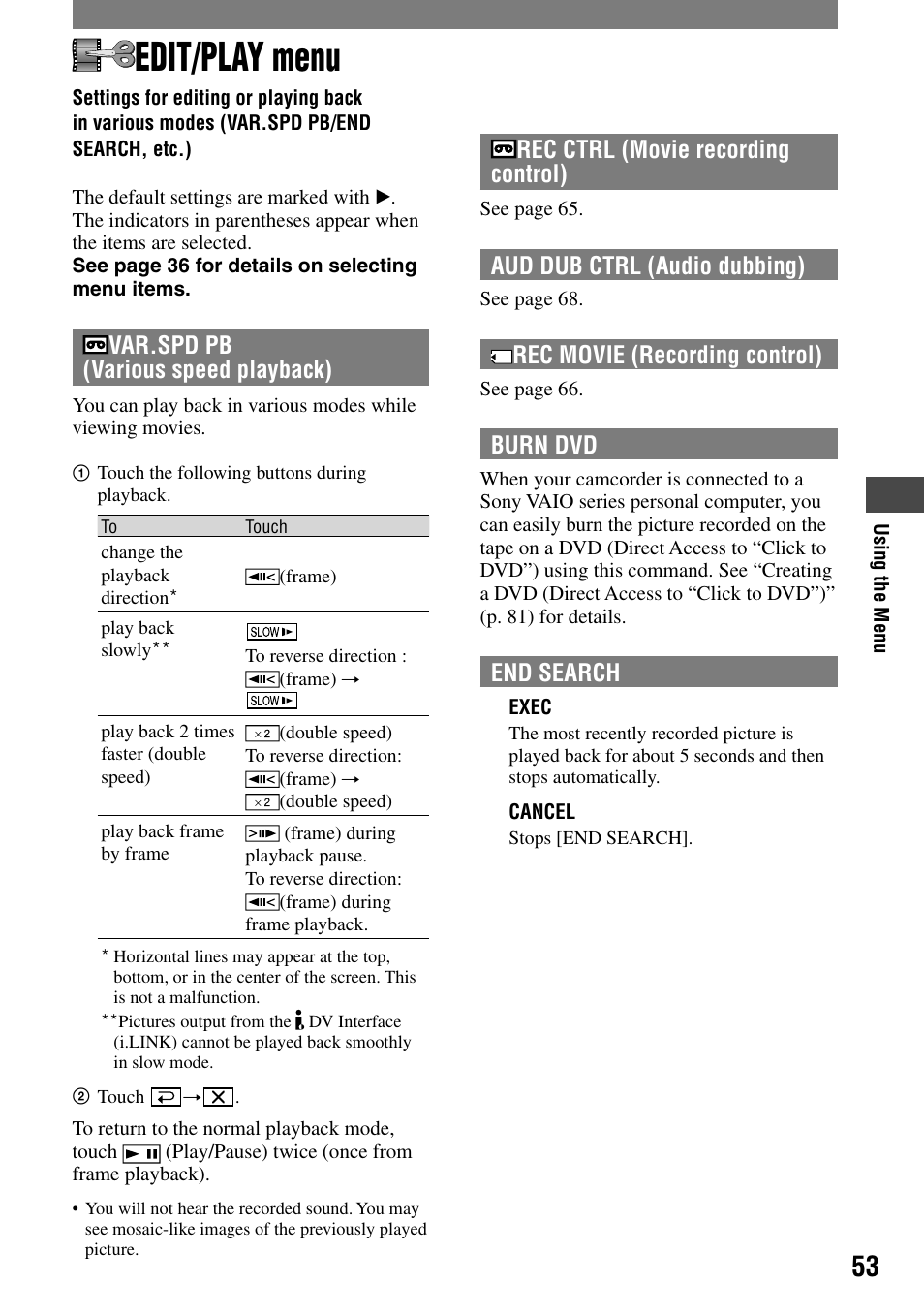 Edit/play menu, Search, etc.), Var.spd pb (various speed playback) | Rec ctrl (movie recording control), Aud dub ctrl (audio dubbing), Rec movie (recording control), Burn dvd, End search | Sony HANDYCAM DCR-PC1000 User Manual | Page 53 / 123