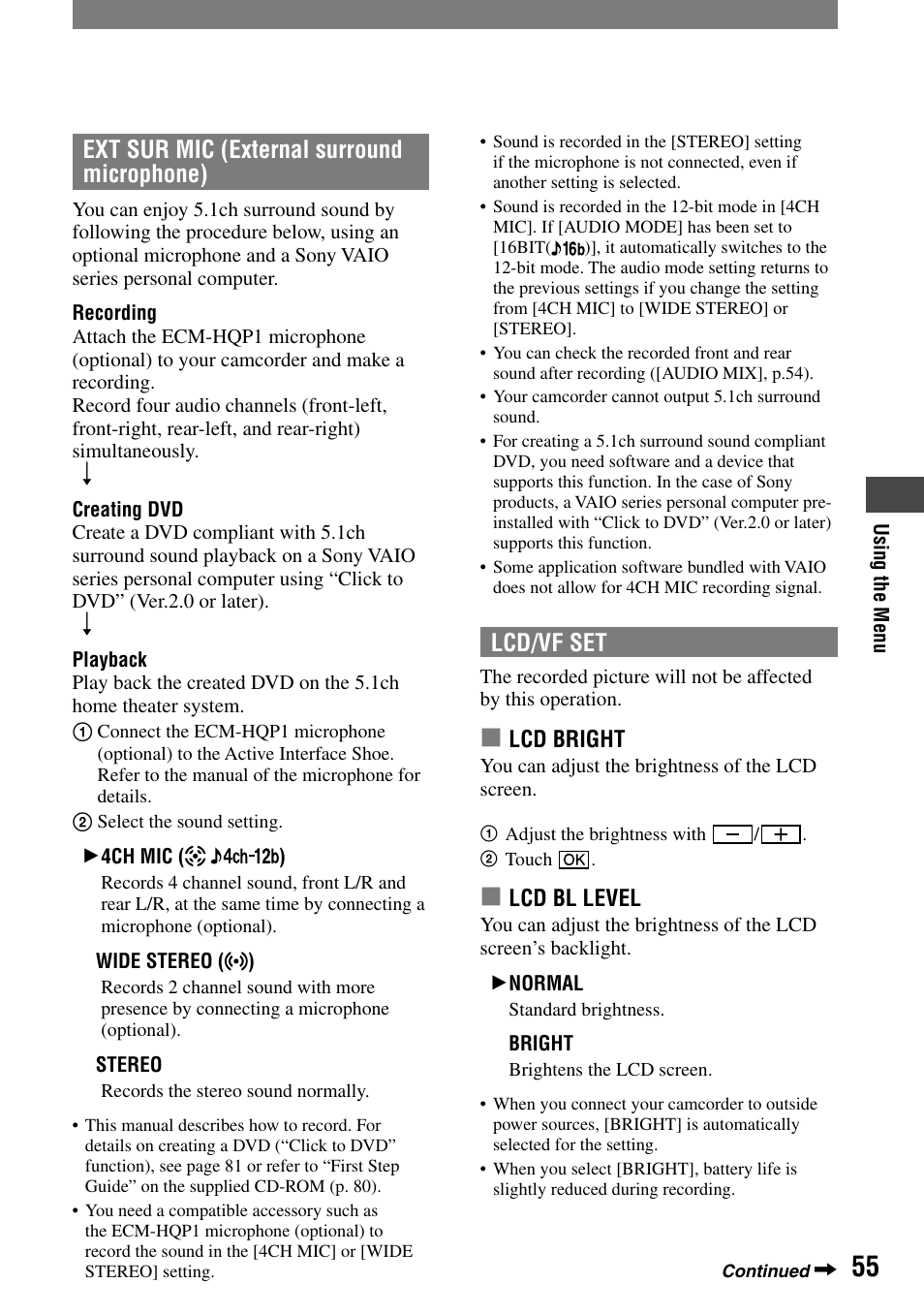 Ext sur mic (external surround microphone), Lcd/vf set | Sony HANDYCAM DCR-PC1000 User Manual | Page 55 / 123