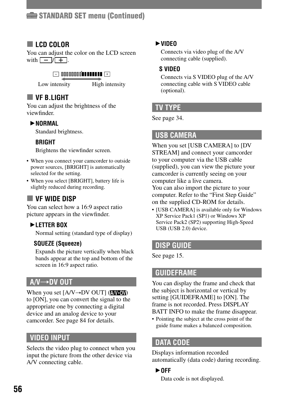 Standard set menu (continued) | Sony HANDYCAM DCR-PC1000 User Manual | Page 56 / 123