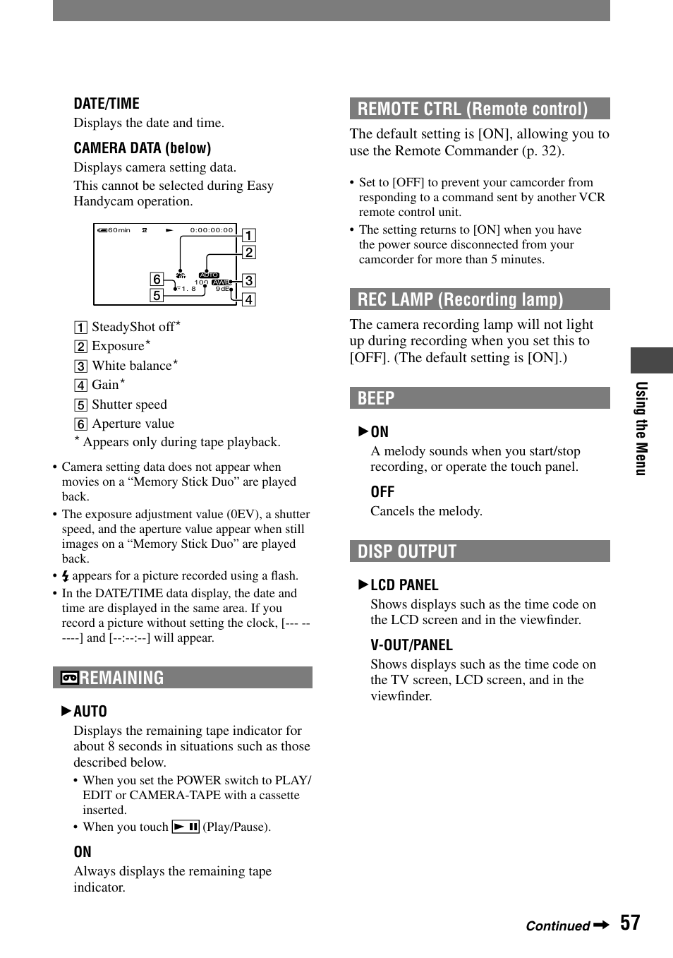 Remaining, Remote ctrl (remote control), Rec lamp (recording lamp) | Beep, Disp output | Sony HANDYCAM DCR-PC1000 User Manual | Page 57 / 123