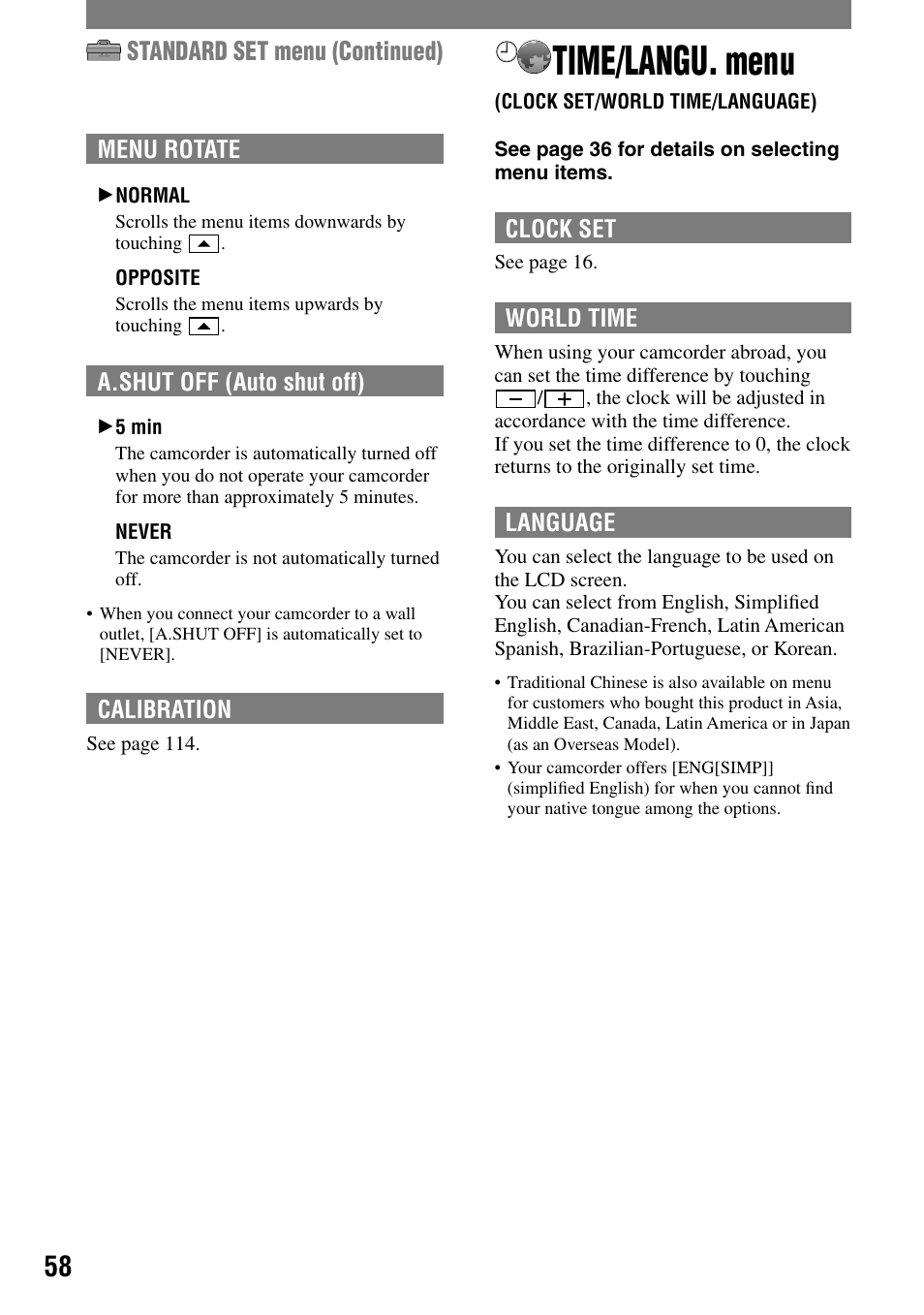 Time/langu. menu, Clock set/world time/language), Standard set menu (continued) | Sony HANDYCAM DCR-PC1000 User Manual | Page 58 / 123