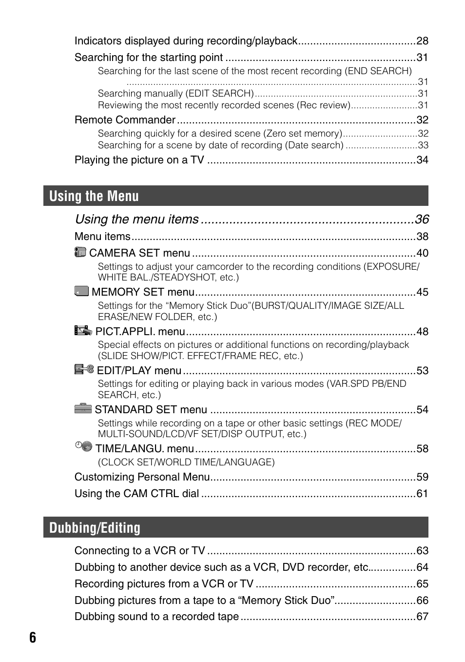 Using the menu, Dubbing/editing, Using the menu items | Sony HANDYCAM DCR-PC1000 User Manual | Page 6 / 123