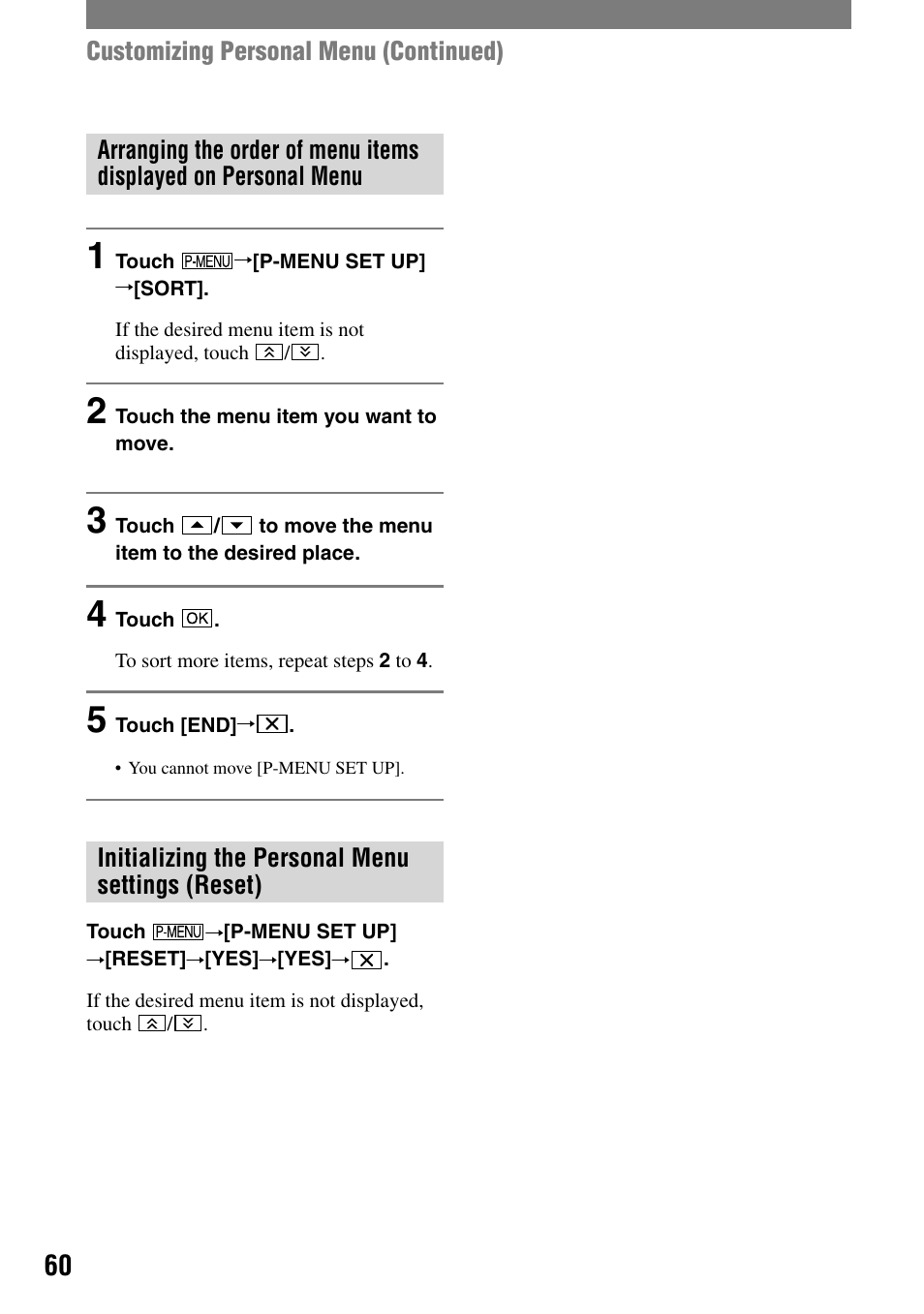 Initializing the personal menu settings (reset), Customizing personal menu (continued) | Sony HANDYCAM DCR-PC1000 User Manual | Page 60 / 123