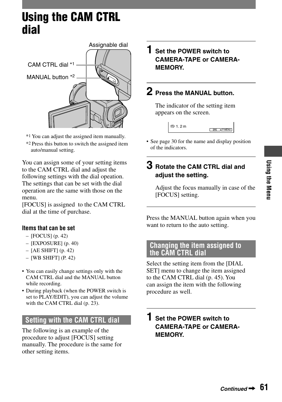 Using the cam ctrl dial | Sony HANDYCAM DCR-PC1000 User Manual | Page 61 / 123