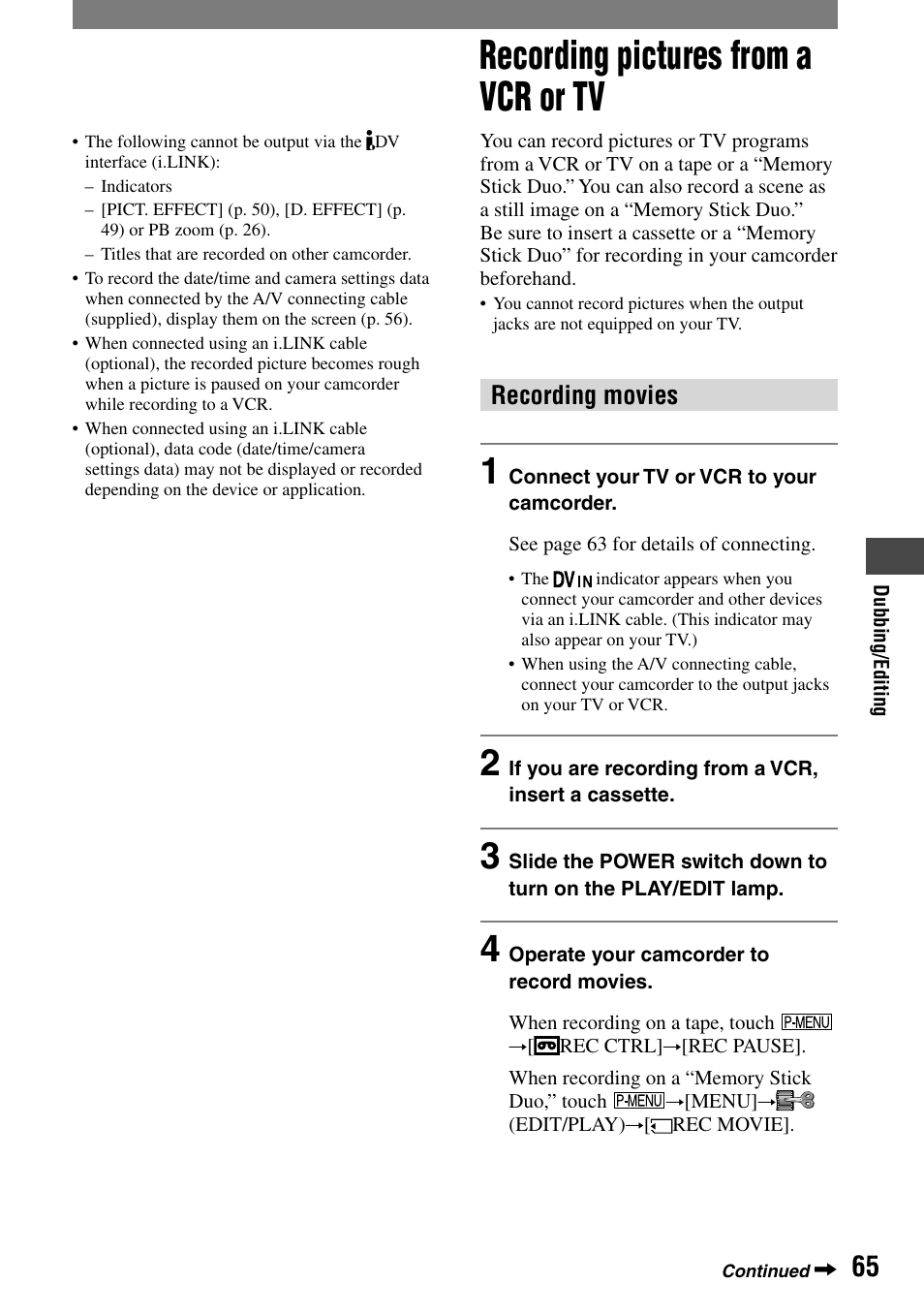 Recording pictures from a vcr or tv, Recording movies | Sony HANDYCAM DCR-PC1000 User Manual | Page 65 / 123