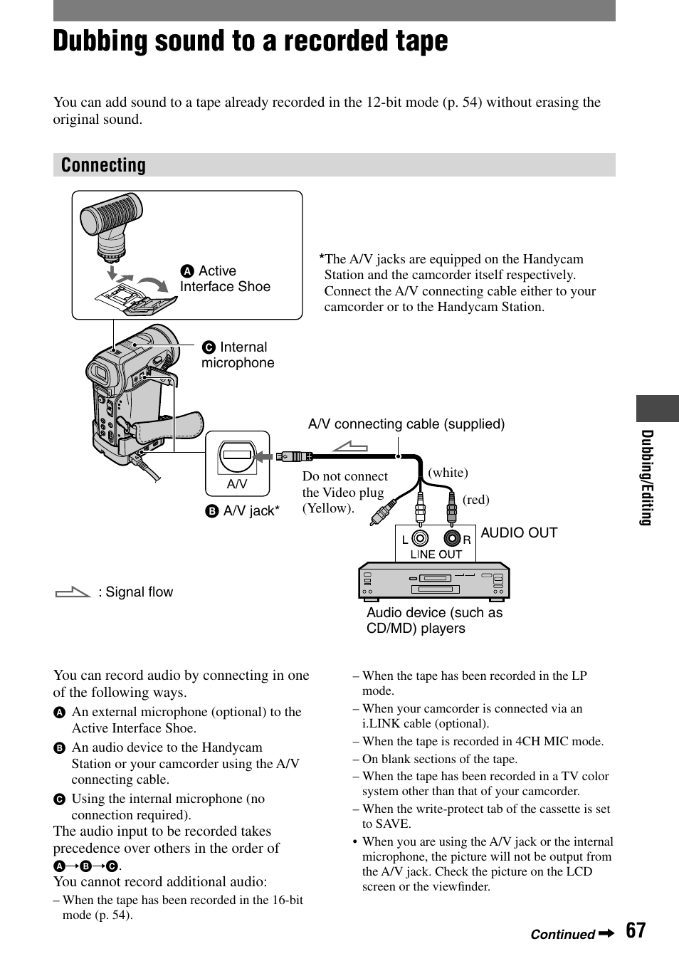 Dubbing sound to a recorded tape, Connecting | Sony HANDYCAM DCR-PC1000 User Manual | Page 67 / 123