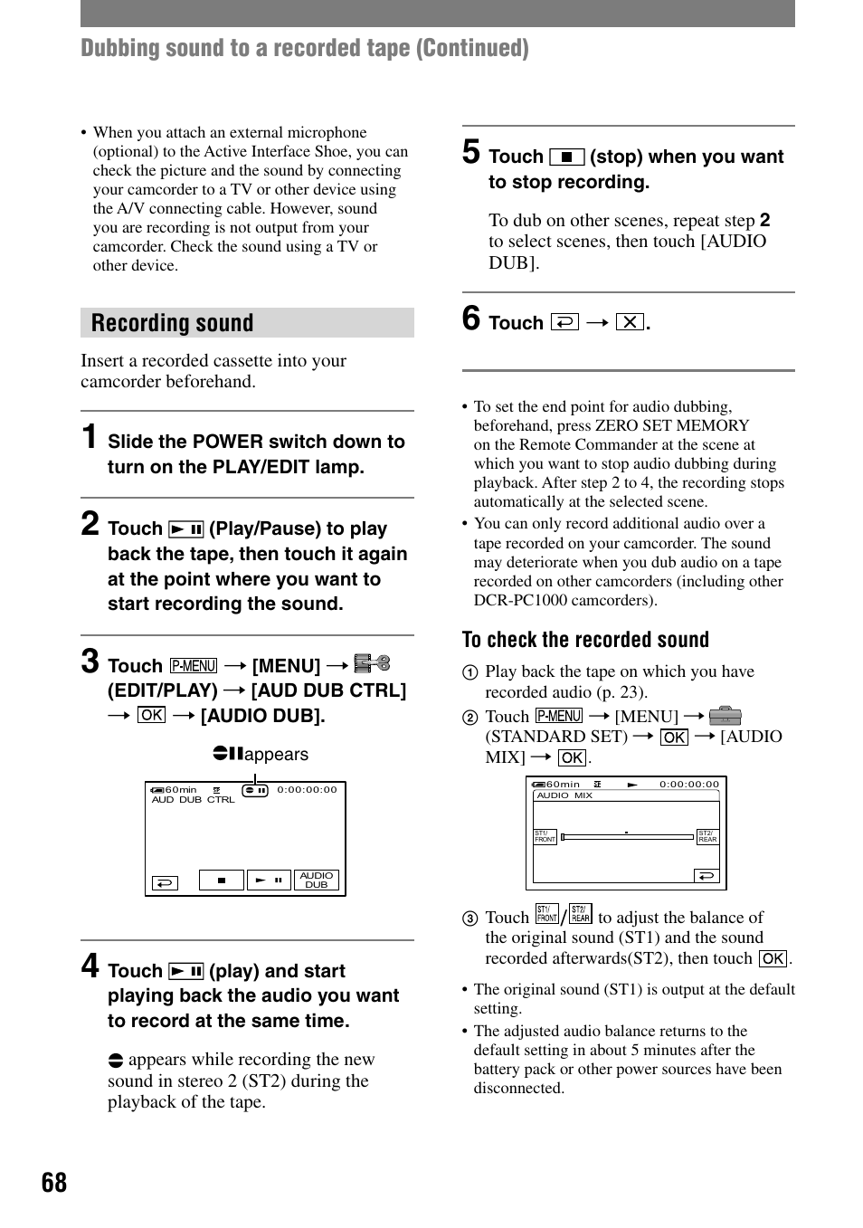 Recording sound, Dubbing sound to a recorded tape (continued) | Sony HANDYCAM DCR-PC1000 User Manual | Page 68 / 123