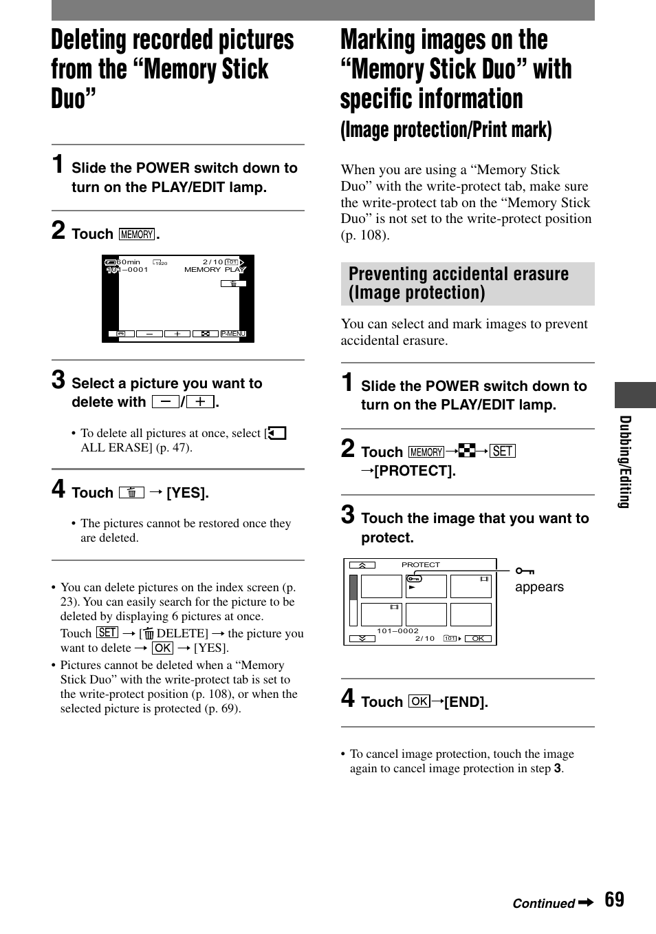 Image protection/print mark), Preventing accidental erasure (image protection) | Sony HANDYCAM DCR-PC1000 User Manual | Page 69 / 123