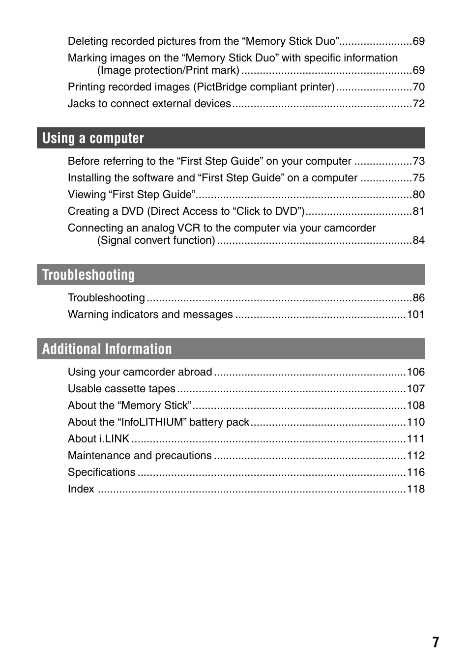 Using a computer, Troubleshooting, Additional information | Sony HANDYCAM DCR-PC1000 User Manual | Page 7 / 123