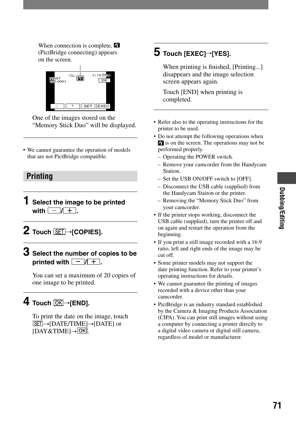 Printing | Sony HANDYCAM DCR-PC1000 User Manual | Page 71 / 123